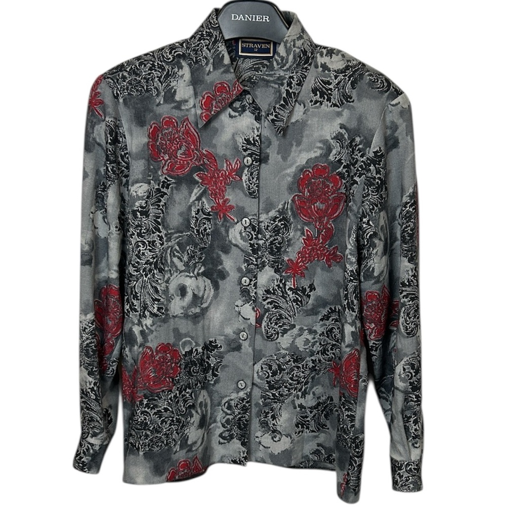 Straven Pure Wool Button Shirt Floral Gray Red Black‎ Made in Scotland Sz 12